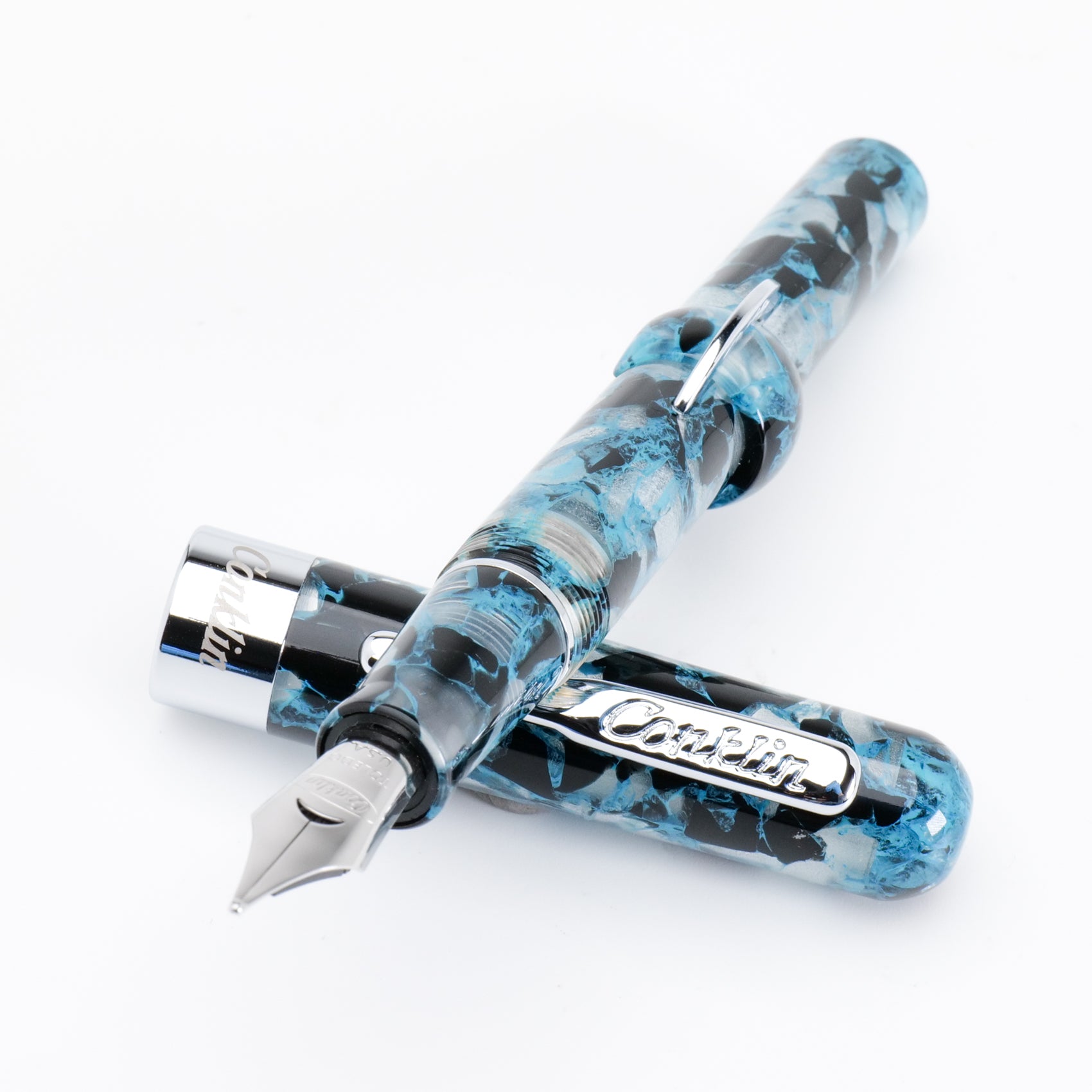 Conklin Mark Twain Crescent Filler Fountain Pen Blue Array w/ Chrome Trim w/JoWo Nib