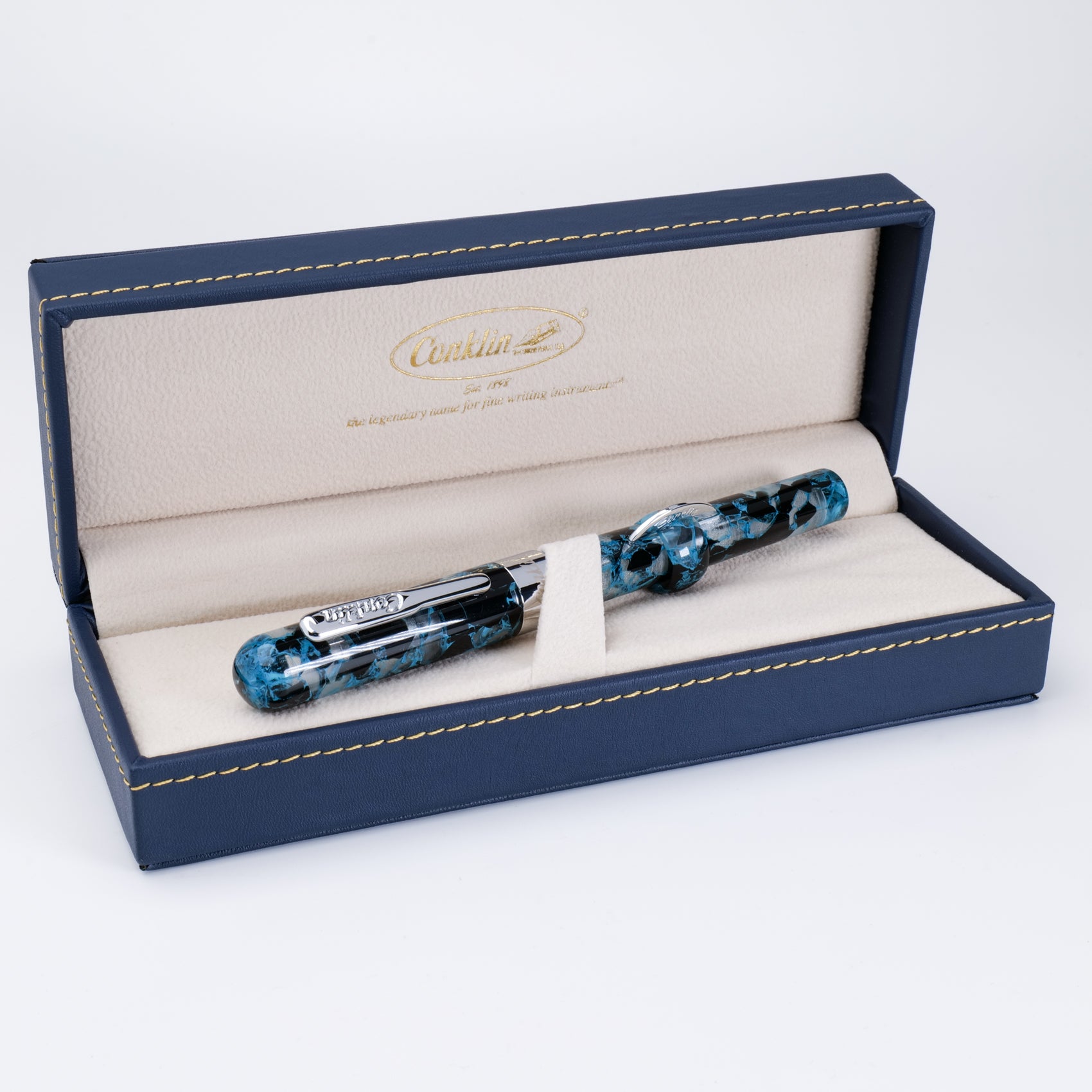 Conklin Mark Twain Crescent Filler Fountain Pen Blue Array w/ Chrome Trim w/JoWo Nib