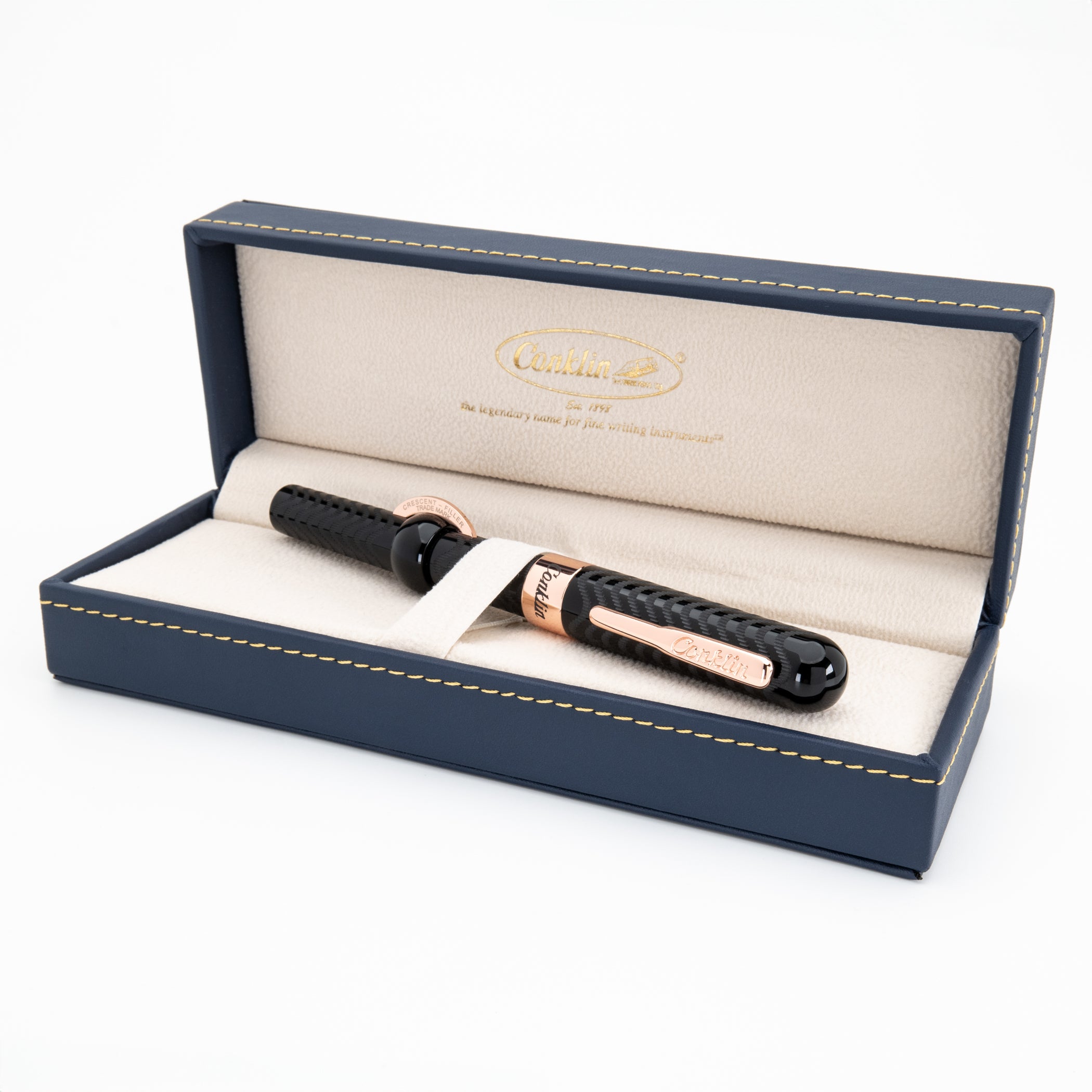 Conklin Mark Twain Crescent Filler Fountain Pen - Black w/ Rose Gold trim w/ JoWo Nib