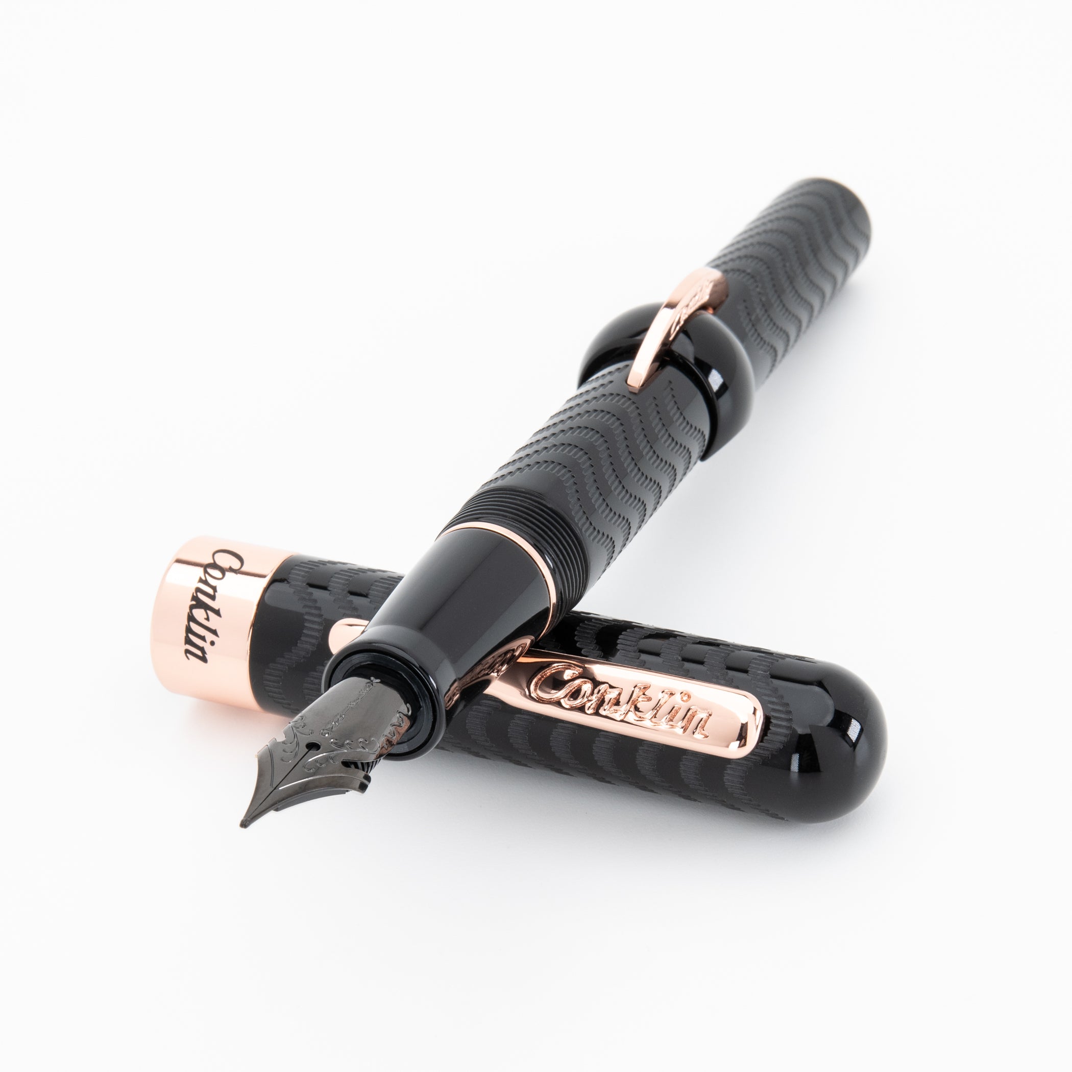 Conklin Mark Twain Crescent Filler Fountain Pen - Black w/ Rose Gold trim w/ JoWo Nib