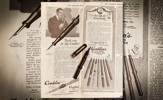 Conklin heritage fountain pen on a desk with notebook and classic writing setup.