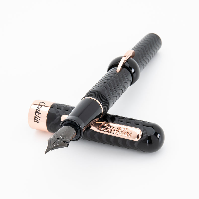 Conklin Mark Twain Crescent Filler Fountain Pen - Black w/ Rose Gold trim w/ JoWo Nib